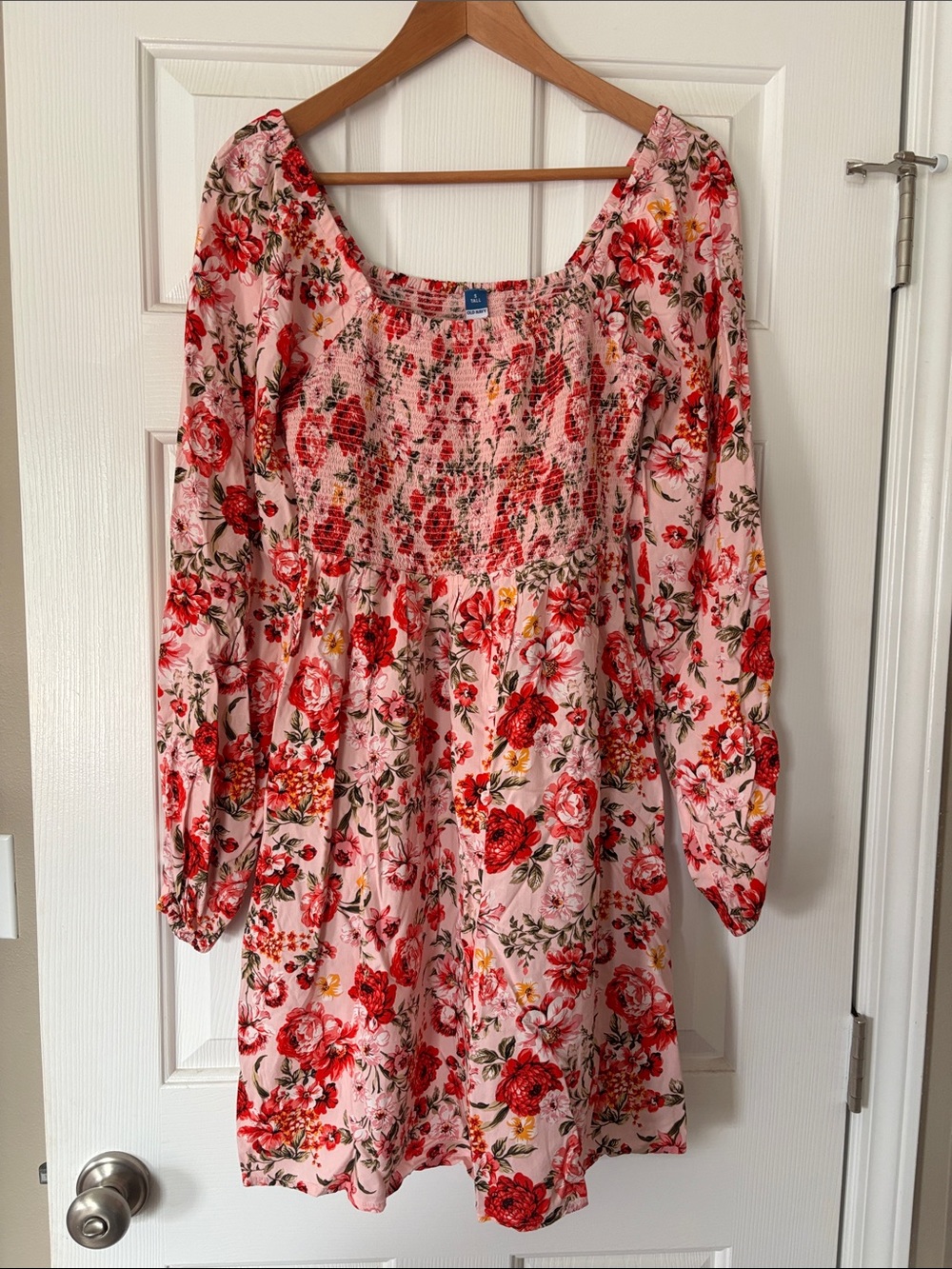 Pink Floral Long Sleeve Smocked Bodice Dress